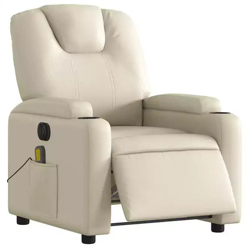 Fauteuil relax massant électrique - Fauteuil inclinable réglable en similicuir crème avec porte-gobelets pour salon/bureau