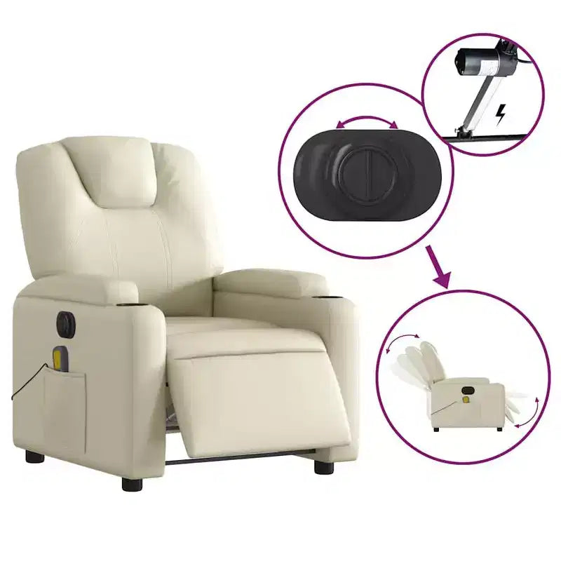 Fauteuil relax massant électrique - Fauteuil inclinable réglable en similicuir crème avec porte-gobelets pour salon/bureau