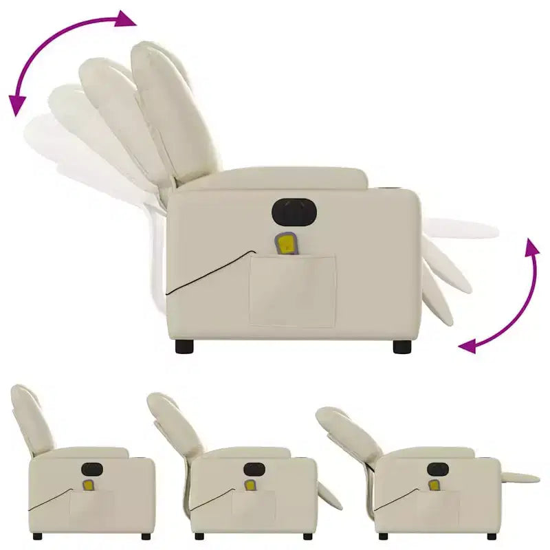 Fauteuil relax massant électrique - Fauteuil inclinable réglable en similicuir crème avec porte-gobelets pour salon/bureau