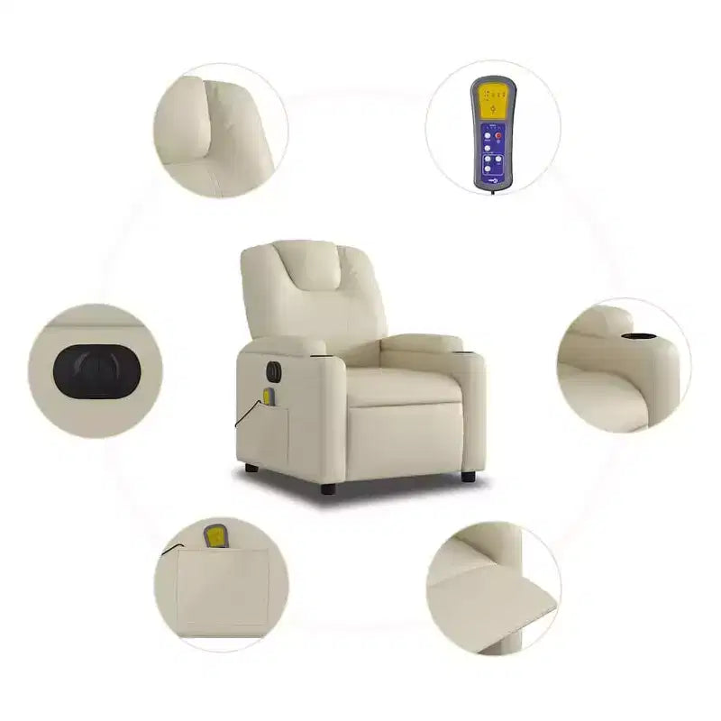 Fauteuil relax massant électrique - Fauteuil inclinable réglable en similicuir crème avec porte-gobelets pour salon/bureau