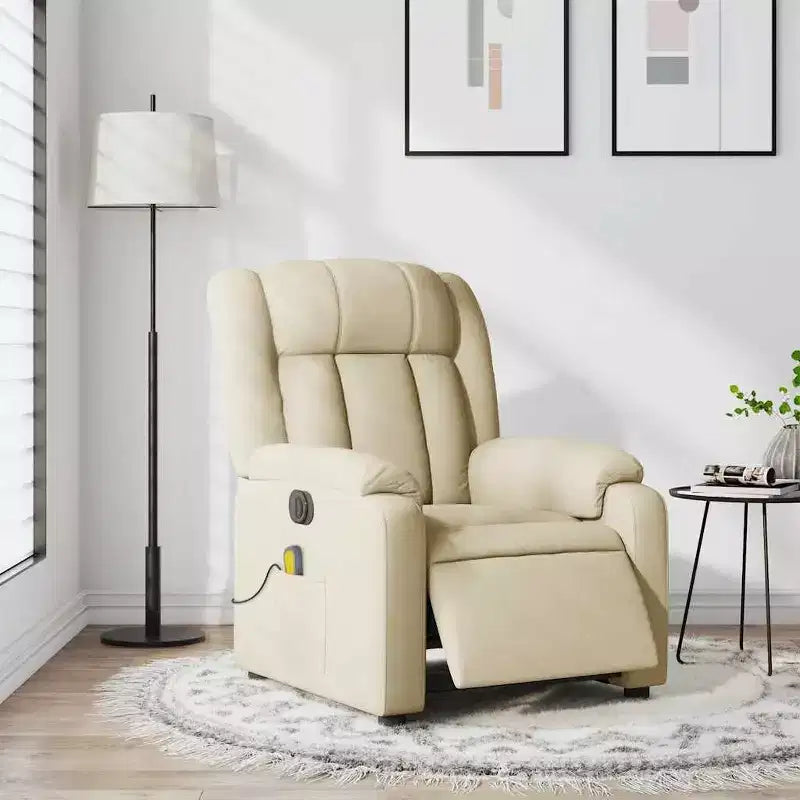 Fauteuil inclinable de massage électrique en tissu crème - Dossier et repose-pieds auto-ajustables, massage par vibration, rembourrage confortable