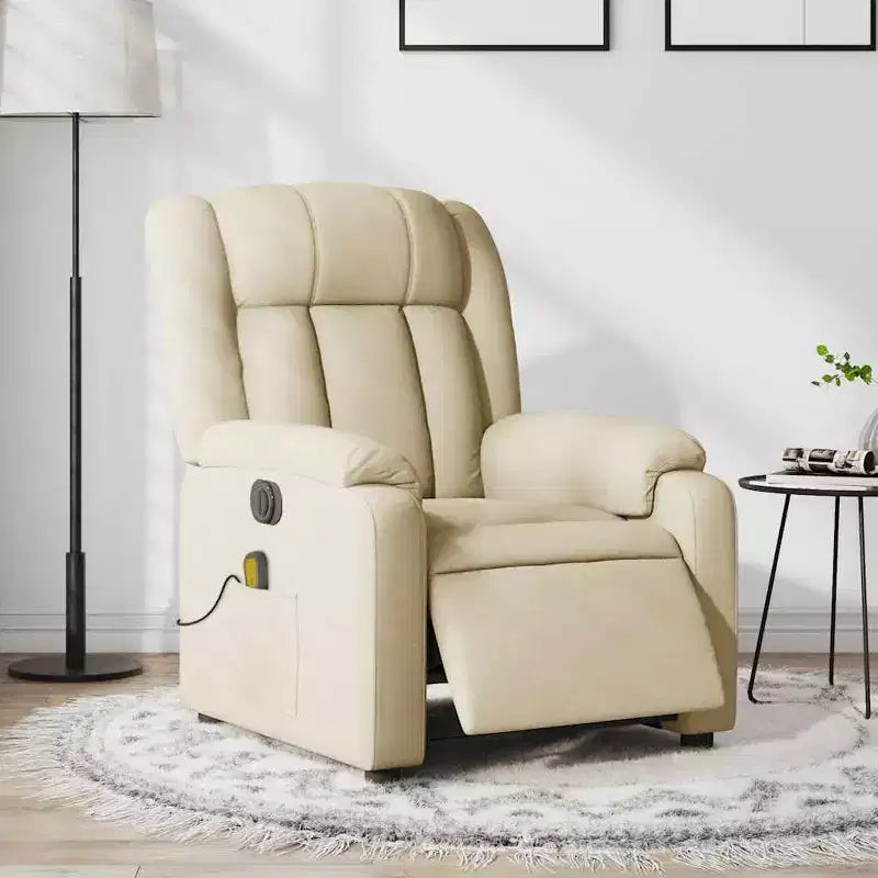 Fauteuil inclinable de massage électrique en tissu crème - Dossier et repose-pieds auto-ajustables, massage par vibration, rembourrage confortable