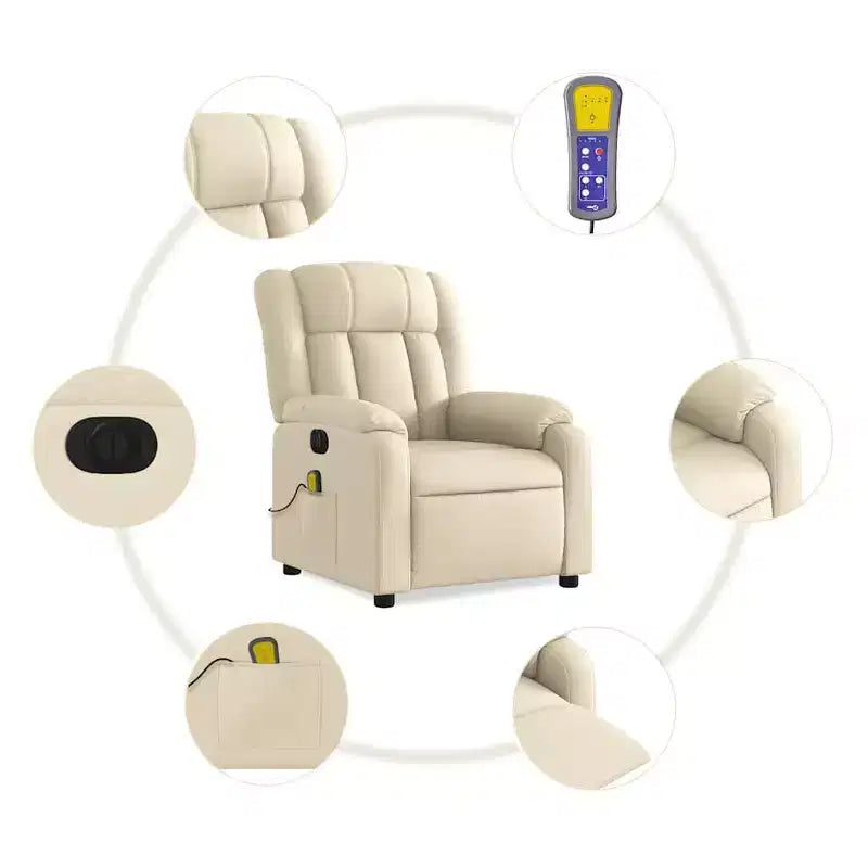 Fauteuil inclinable de massage électrique en tissu crème - Dossier et repose-pieds auto-ajustables, massage par vibration, rembourrage confortable