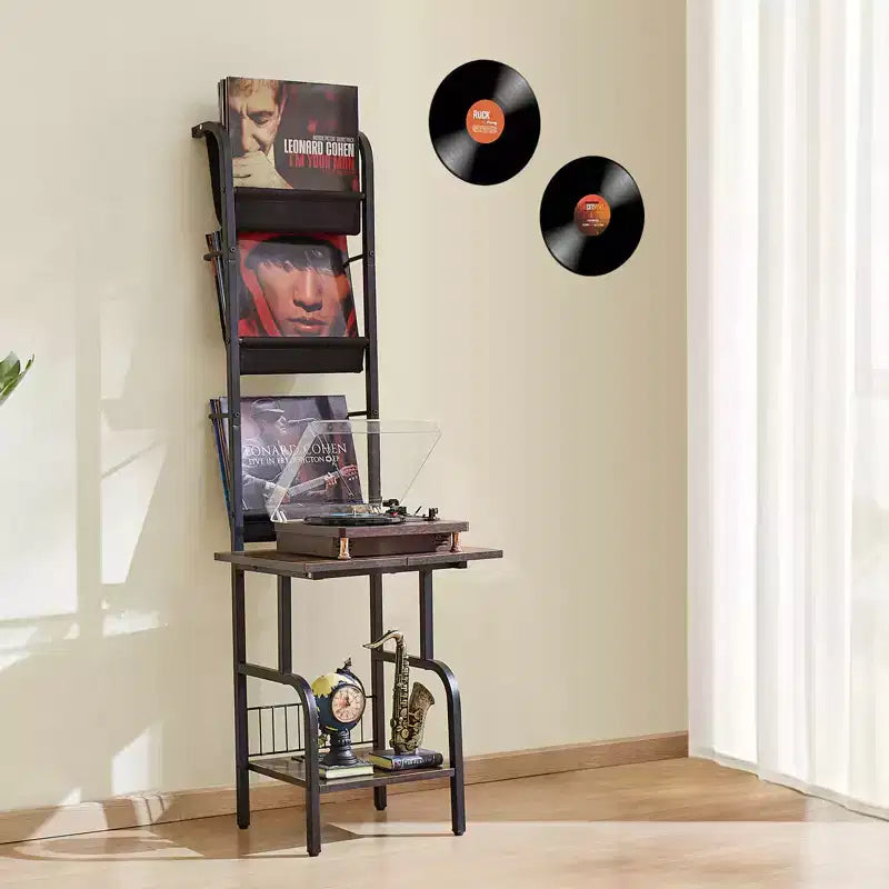 Meuble pour tourne-disque, 5 niveaux, pour vinyles, avec station de charge et ports USB, peut contenir jusqu'à 200 albums, support pour platine vinyle, noir