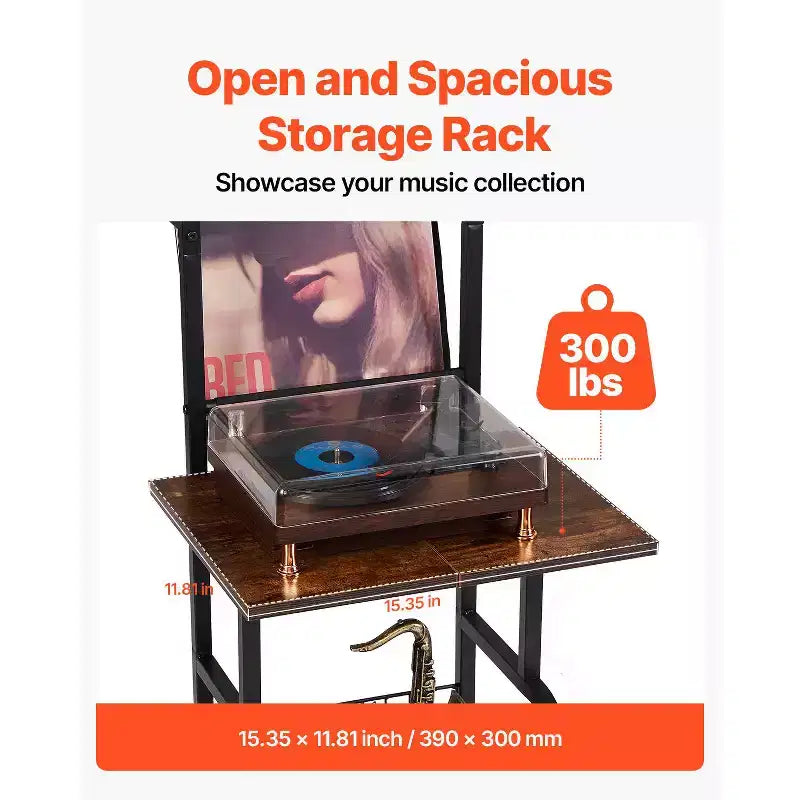 Meuble pour tourne-disque, 5 niveaux, pour vinyles, avec station de charge et ports USB, peut contenir jusqu'à 200 albums, support pour platine vinyle, noir