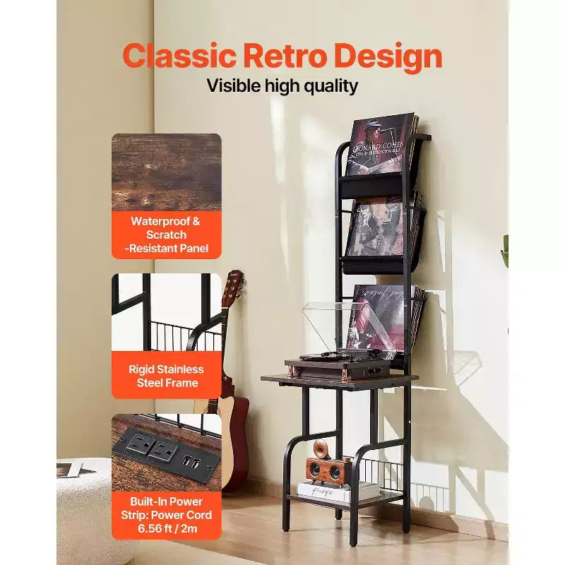 Meuble pour tourne-disque, 5 niveaux, pour vinyles, avec station de charge et ports USB, peut contenir jusqu'à 200 albums, support pour platine vinyle, noir