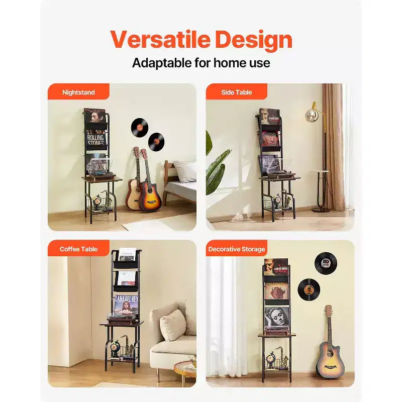 Meuble pour tourne-disque, 5 niveaux, pour vinyles, avec station de charge et ports USB, peut contenir jusqu'à 200 albums, support pour platine vinyle, noir