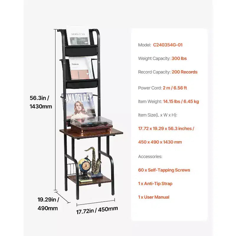 Meuble pour tourne-disque, 5 niveaux, pour vinyles, avec station de charge et ports USB, peut contenir jusqu'à 200 albums, support pour platine vinyle, noir