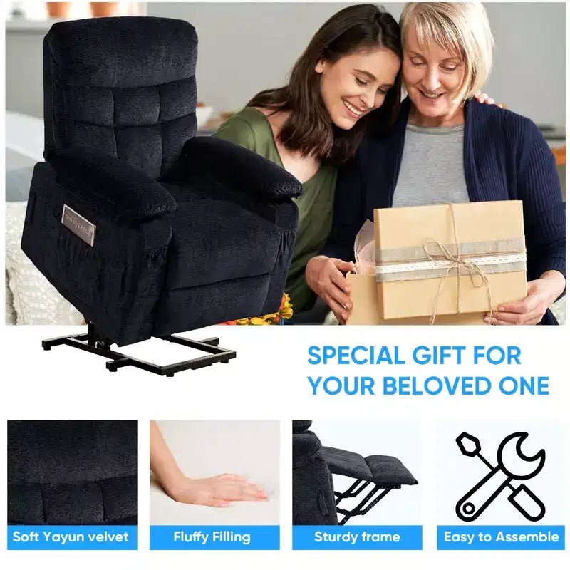 Fauteuil inclinable électrique en velours grande taille avec chauffage lombaire et massage vibrant à 8 points, fauteuil pour personnes âgées