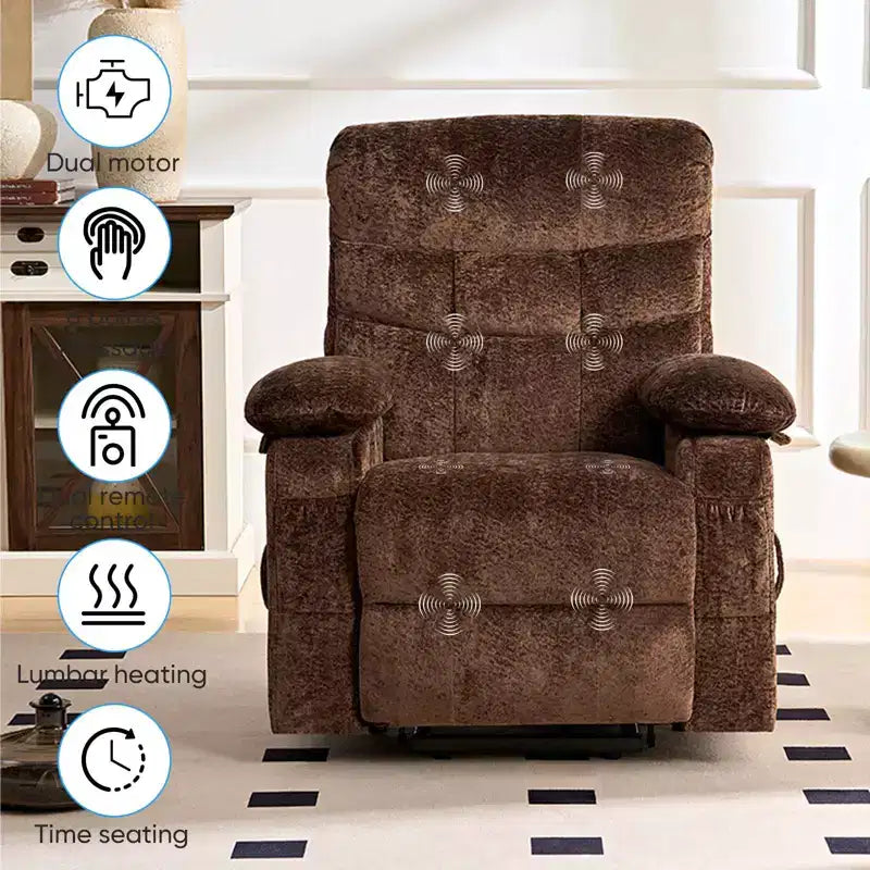 Fauteuil inclinable électrique en velours grande taille avec chauffage lombaire et massage vibrant à 8 points, fauteuil pour personnes âgées