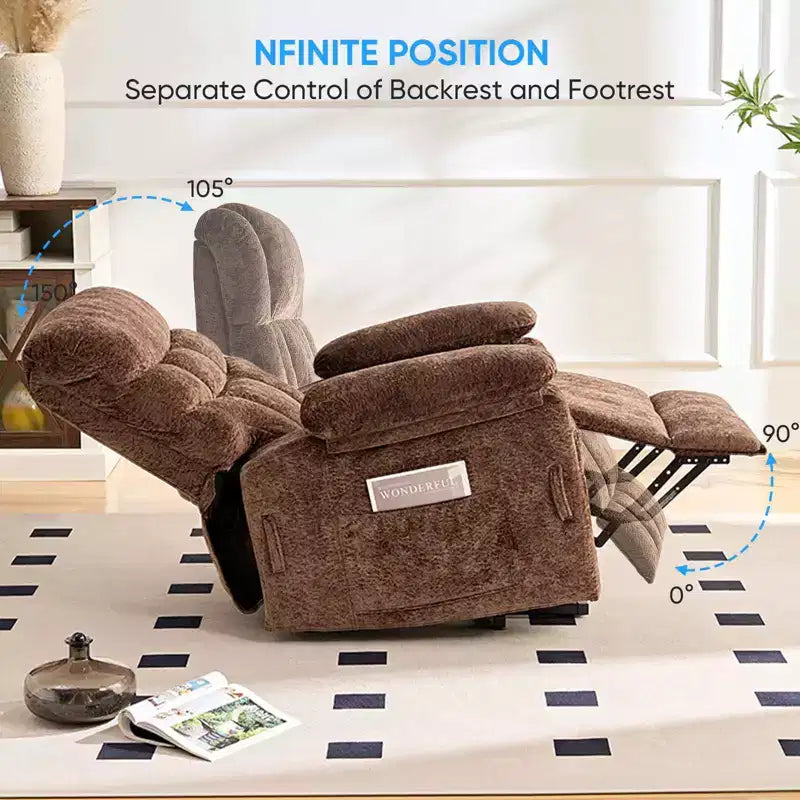 Fauteuil inclinable électrique en velours grande taille avec chauffage lombaire et massage vibrant à 8 points, fauteuil pour personnes âgées