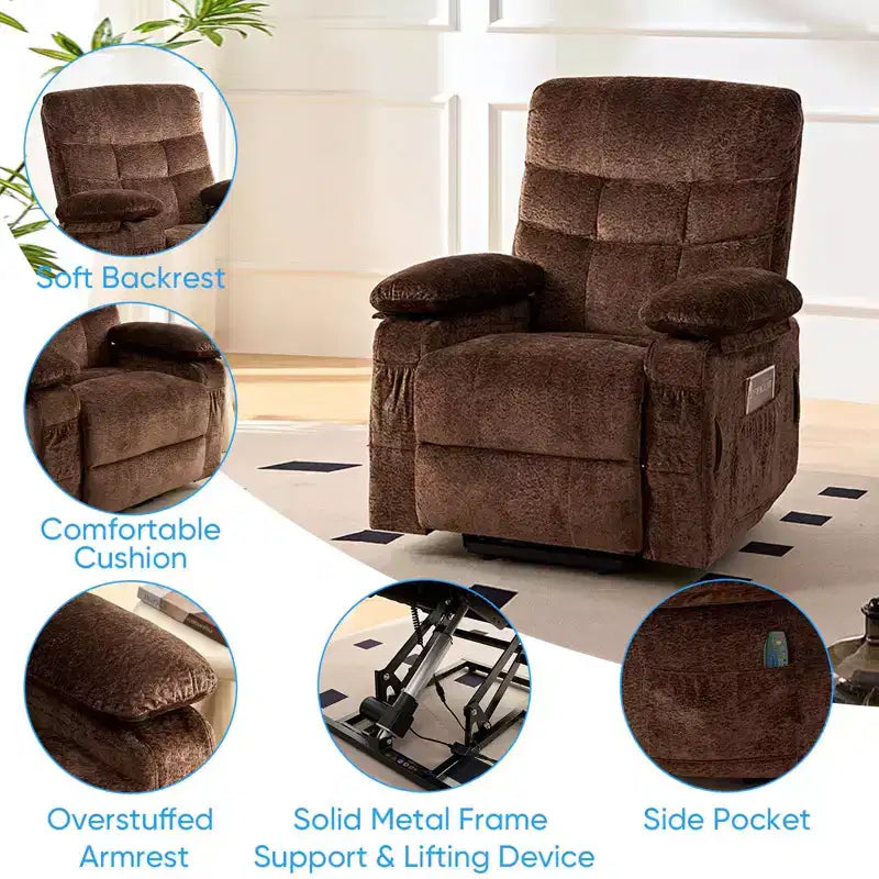 Fauteuil inclinable électrique en velours grande taille avec chauffage lombaire et massage vibrant à 8 points, fauteuil pour personnes âgées