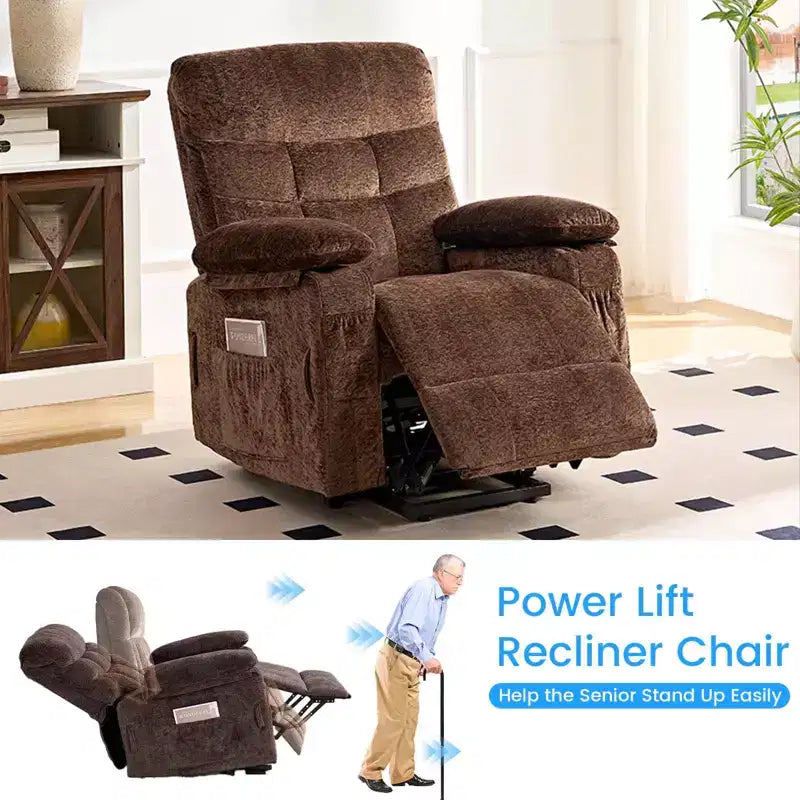 Fauteuil inclinable électrique en velours grande taille avec chauffage lombaire et massage vibrant à 8 points, fauteuil pour personnes âgées