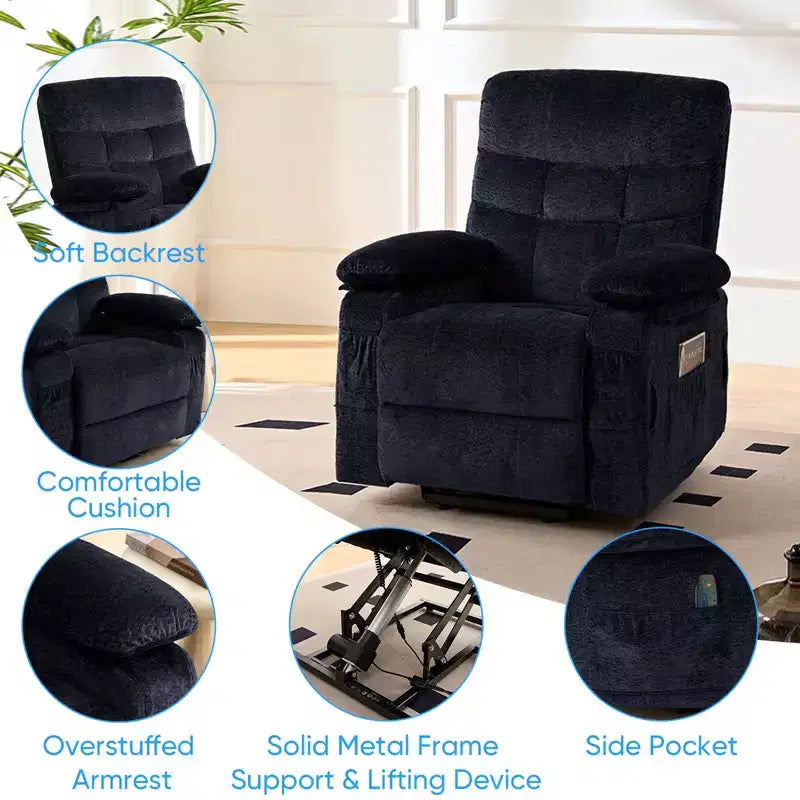 Fauteuil inclinable électrique en velours grande taille avec chauffage lombaire et massage vibrant à 8 points, fauteuil pour personnes âgées