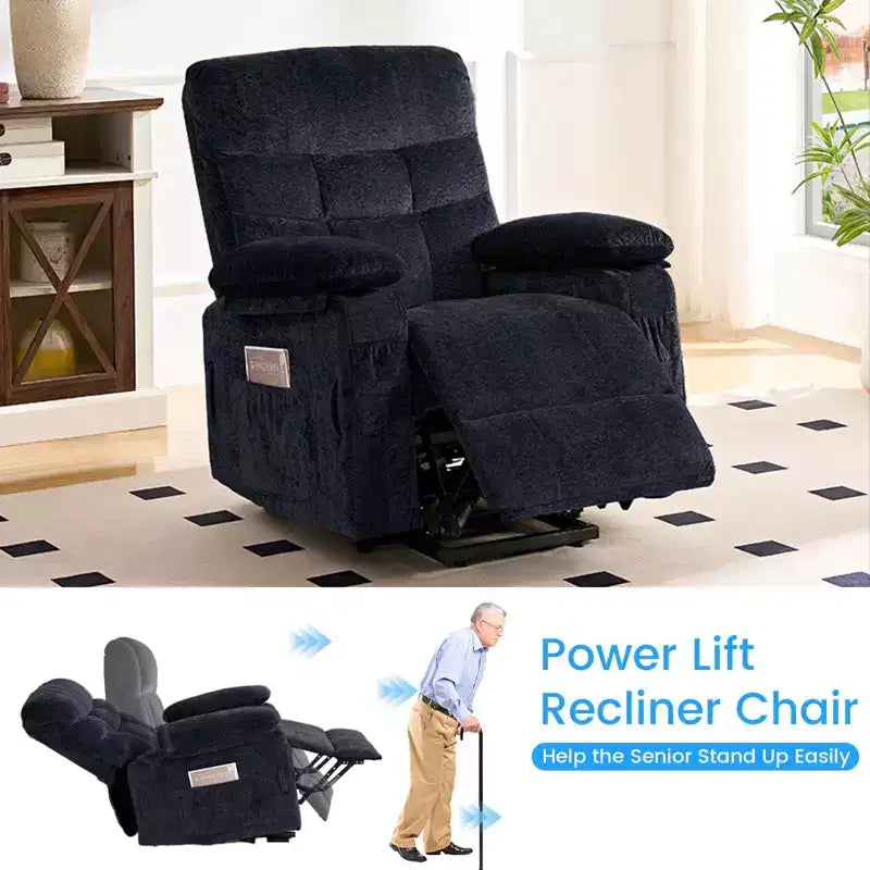 Fauteuil inclinable électrique en velours grande taille avec chauffage lombaire et massage vibrant à 8 points, fauteuil pour personnes âgées