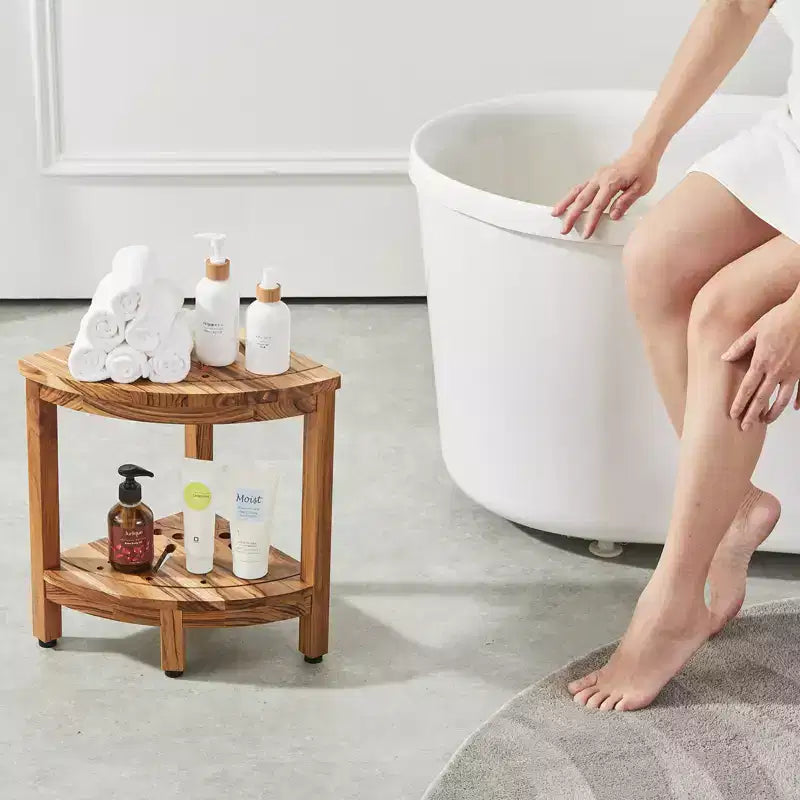 Banc de douche d'angle en teck, 17 Hauteur 12 Rayon, Banc de douche d'angle 100% bois de teck, 136 kg avec étagère de rangement, Tabouret de douche, Marron