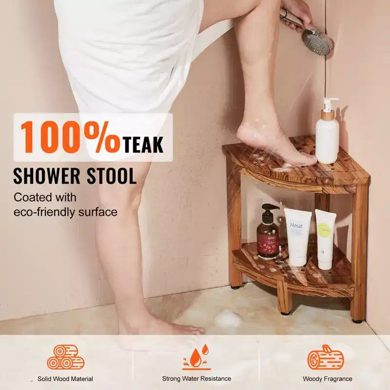 Banc de douche d'angle en teck, 17 Hauteur 12 Rayon, Banc de douche d'angle 100% bois de teck, 136 kg avec étagère de rangement, Tabouret de douche, Marron
