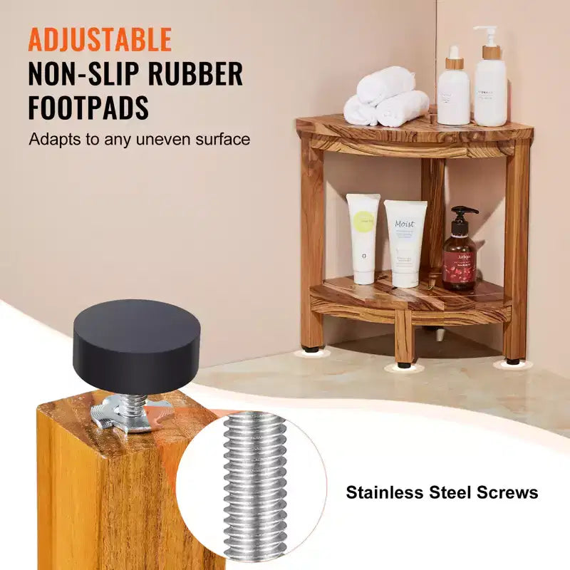 Banc de douche d'angle en teck, 17 Hauteur 12 Rayon, Banc de douche d'angle 100% bois de teck, 136 kg avec étagère de rangement, Tabouret de douche, Marron