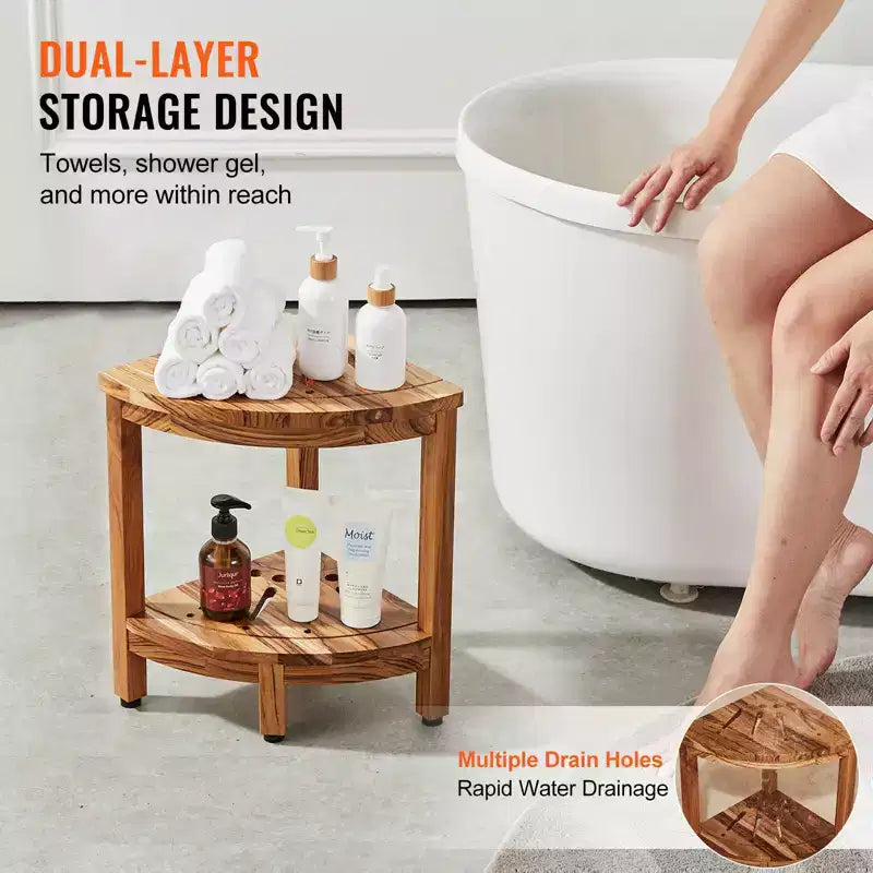 Banc de douche d'angle en teck, 17 Hauteur 12 Rayon, Banc de douche d'angle 100% bois de teck, 136 kg avec étagère de rangement, Tabouret de douche, Marron