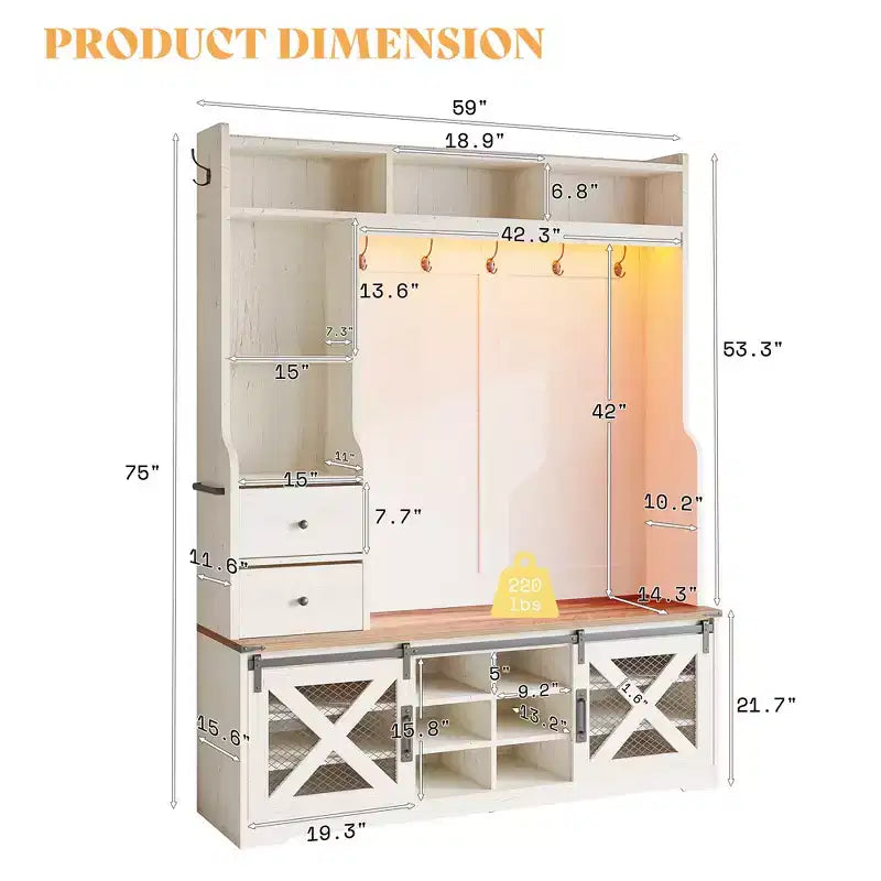 Portemanteau d'entrée 7 en 1 de style Ferme avec banc et meuble à chaussures, organisateur d'entrée à LED avec tiroirs