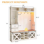 Portemanteau d'entrée 7 en 1 de style Ferme avec banc et meuble à chaussures, organisateur d'entrée à LED avec tiroirs
