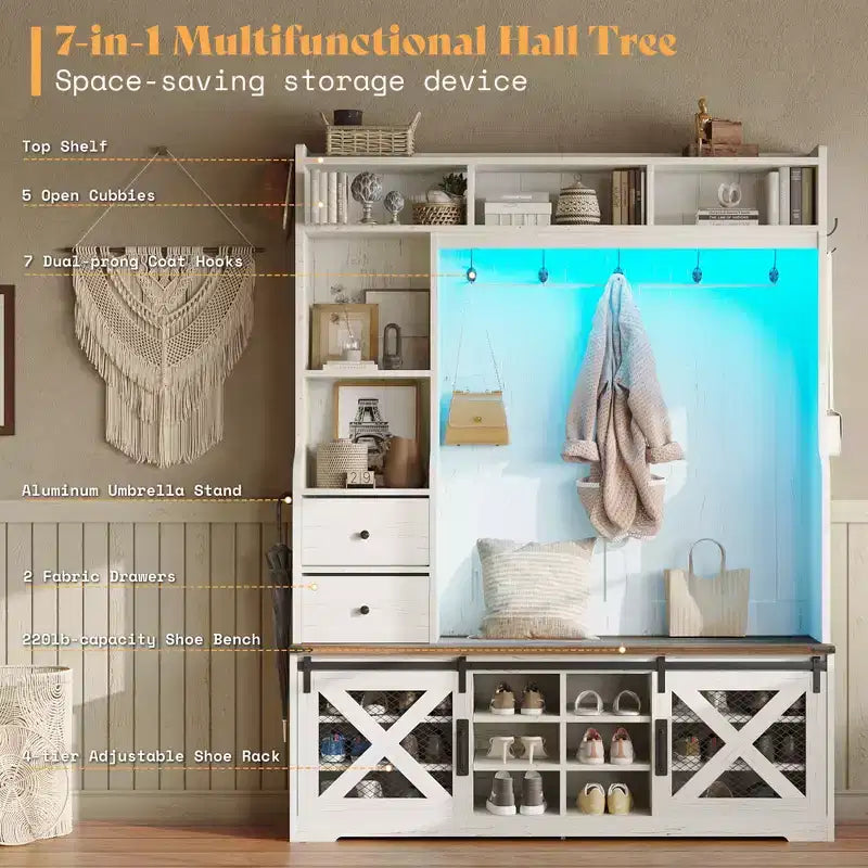 Portemanteau d'entrée 7 en 1 de style Ferme avec banc et meuble à chaussures, organisateur d'entrée à LED avec tiroirs