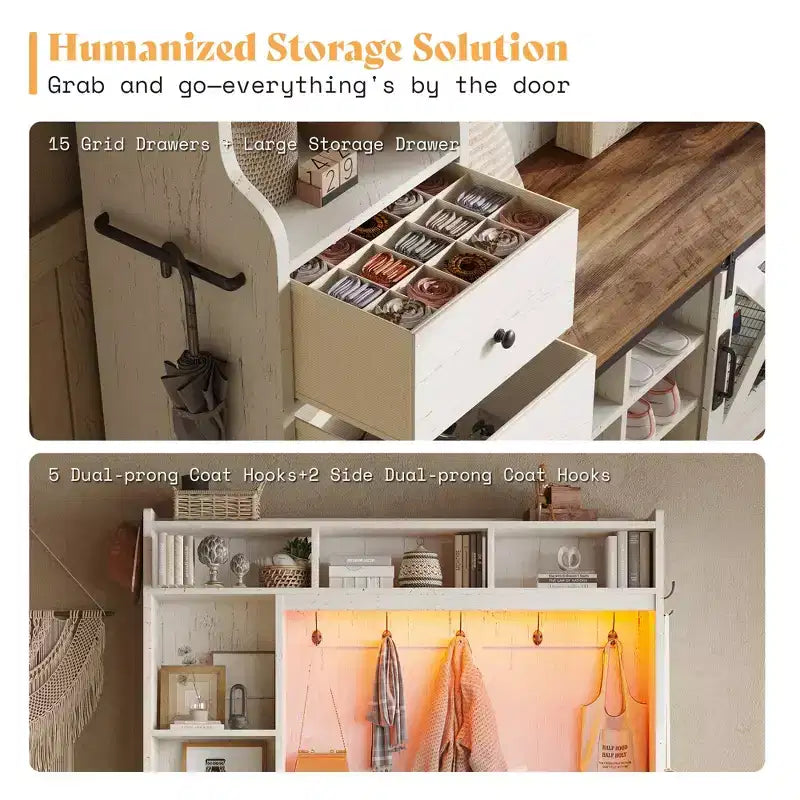 Portemanteau d'entrée 7 en 1 de style Ferme avec banc et meuble à chaussures, organisateur d'entrée à LED avec tiroirs