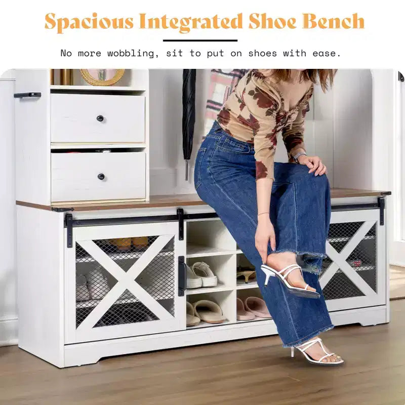 Portemanteau d'entrée 7 en 1 de style Ferme avec banc et meuble à chaussures, organisateur d'entrée à LED avec tiroirs