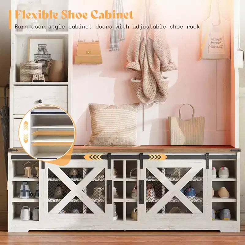 Portemanteau d'entrée 7 en 1 de style Ferme avec banc et meuble à chaussures, organisateur d'entrée à LED avec tiroirs