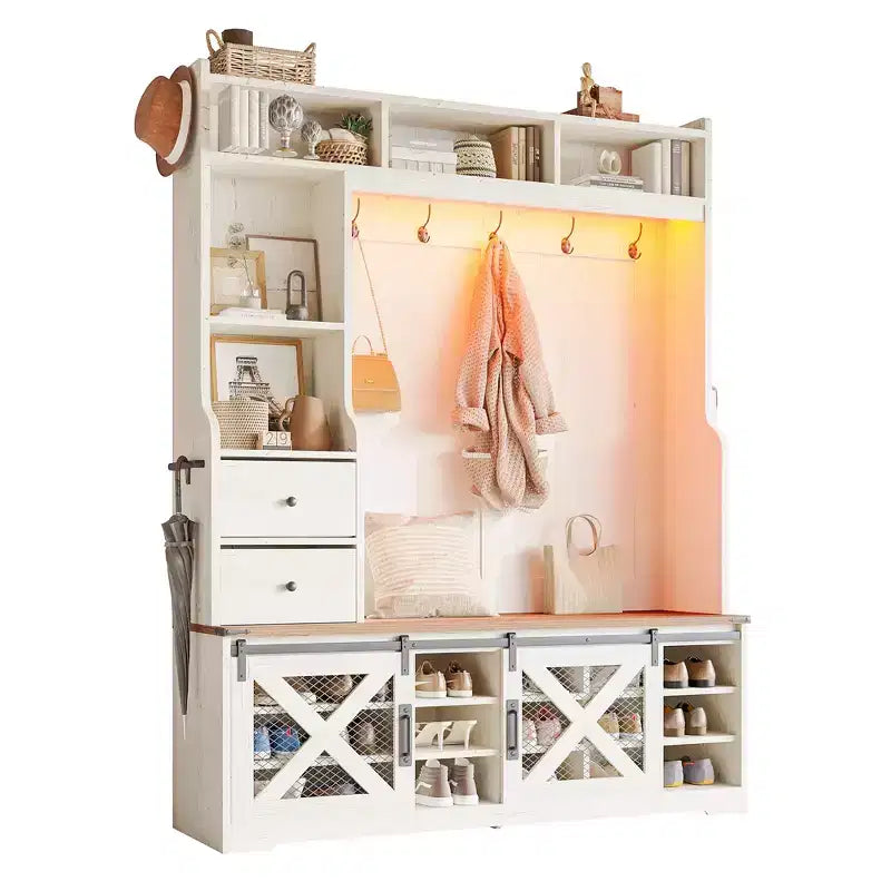 Portemanteau d'entrée 7 en 1 de style Ferme avec banc et meuble à chaussures, organisateur d'entrée à LED avec tiroirs