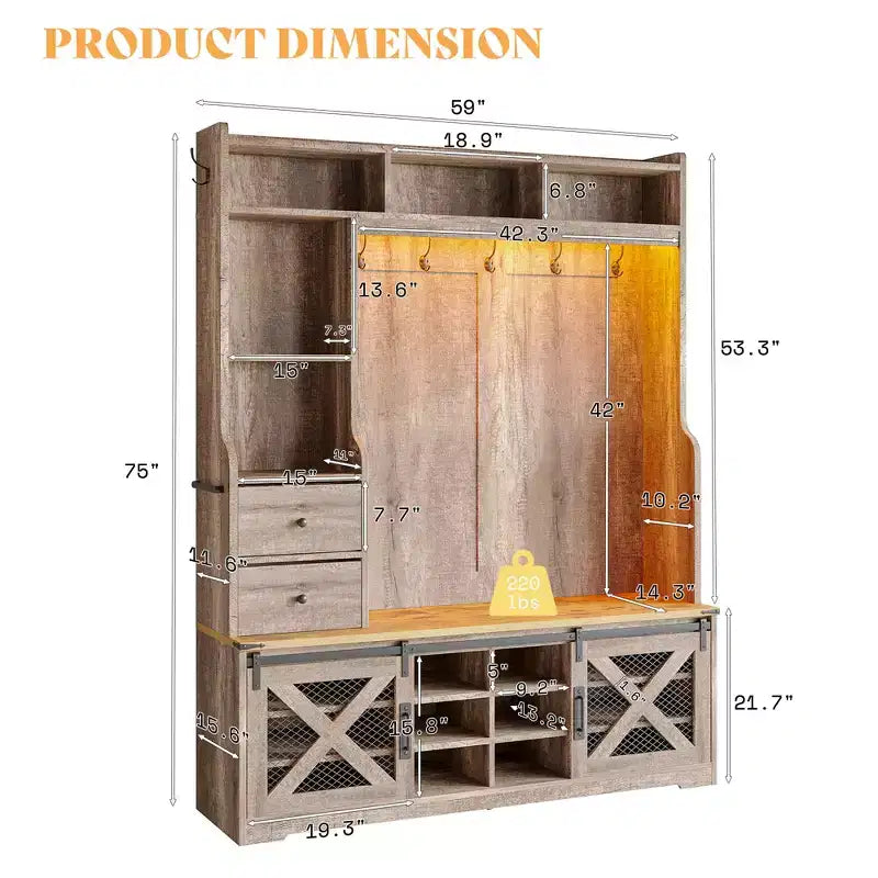 Portemanteau d'entrée 7 en 1 de style Ferme avec banc et meuble à chaussures, organisateur d'entrée à LED avec tiroirs