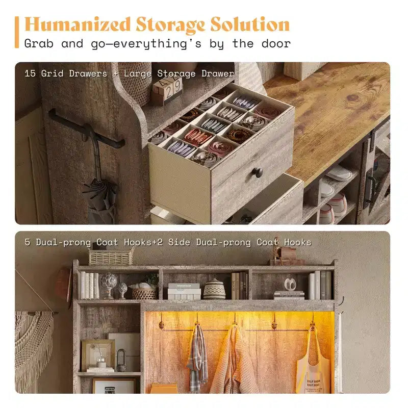 Portemanteau d'entrée 7 en 1 de style Ferme avec banc et meuble à chaussures, organisateur d'entrée à LED avec tiroirs
