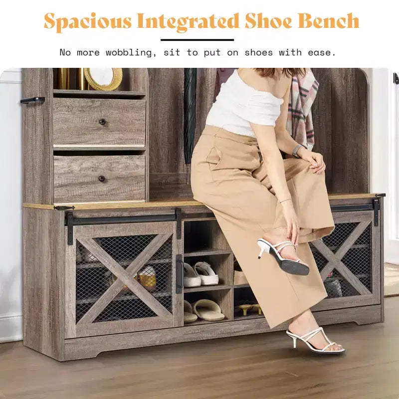 Portemanteau d'entrée 7 en 1 de style Ferme avec banc et meuble à chaussures, organisateur d'entrée à LED avec tiroirs