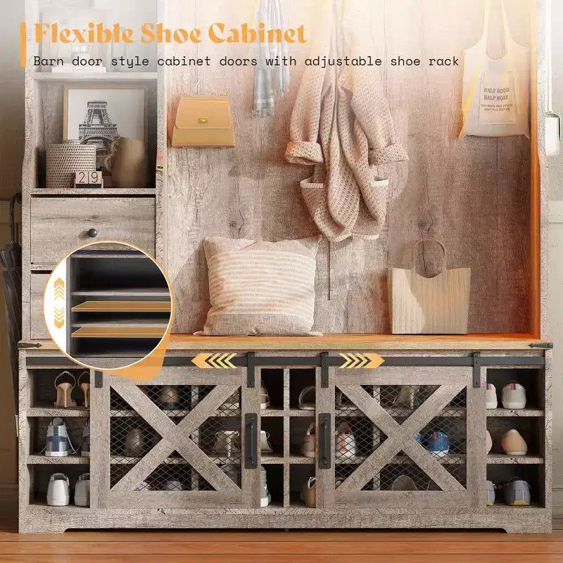 Portemanteau d'entrée 7 en 1 de style Ferme avec banc et meuble à chaussures, organisateur d'entrée à LED avec tiroirs