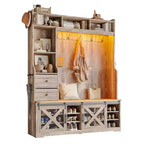 Portemanteau d'entrée 7 en 1 de style Ferme avec banc et meuble à chaussures, organisateur d'entrée à LED avec tiroirs