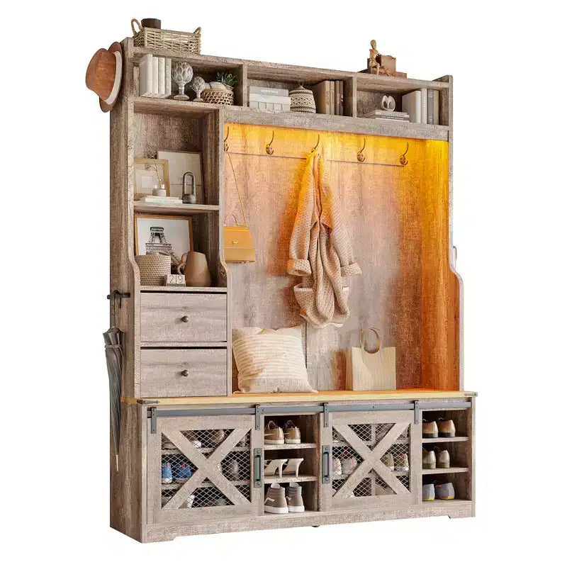 Portemanteau d'entrée 7 en 1 de style Ferme avec banc et meuble à chaussures, organisateur d'entrée à LED avec tiroirs