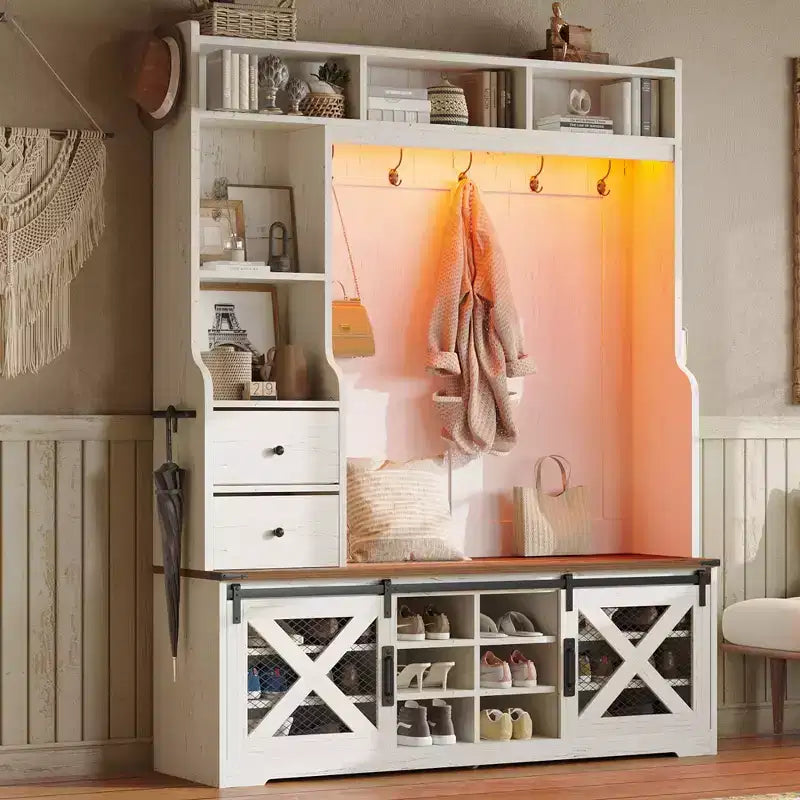 Portemanteau d'entrée 7 en 1 de style Ferme avec banc et meuble à chaussures, organisateur d'entrée à LED avec tiroirs