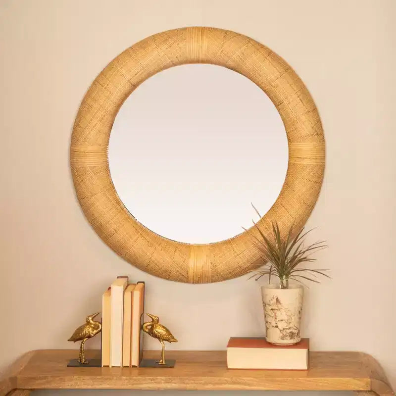 Miroir Mural Rond en Rotin Tressé Main, Naturel