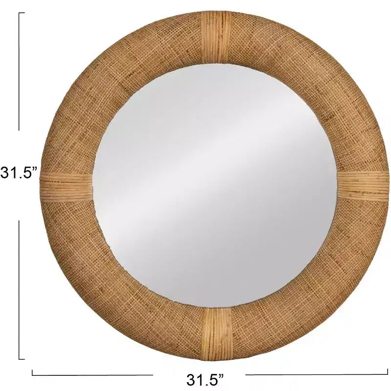 Miroir Mural Rond en Rotin Tressé Main, Naturel