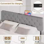 Lit plateforme rembourré en lin avec tête de lit réglable et ports USB - Pas de sommier tapissier, lattes silencieuses, assemblage facile (gris)