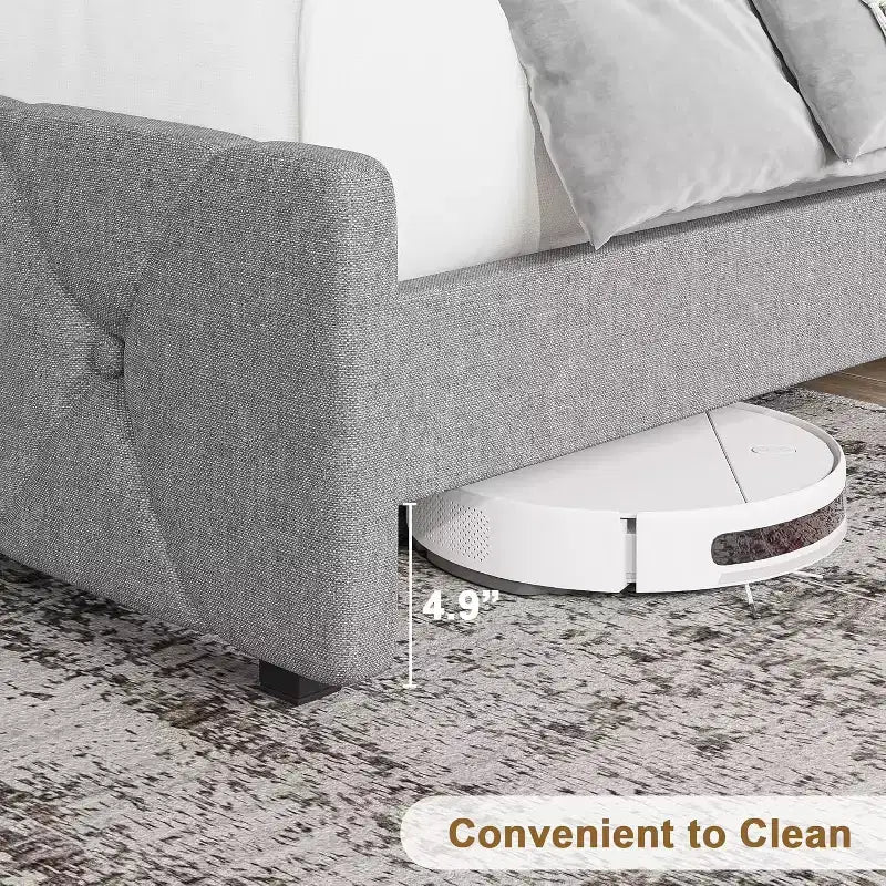 Lit plateforme rembourré en lin avec tête de lit réglable et ports USB - Pas de sommier tapissier, lattes silencieuses, assemblage facile (gris)