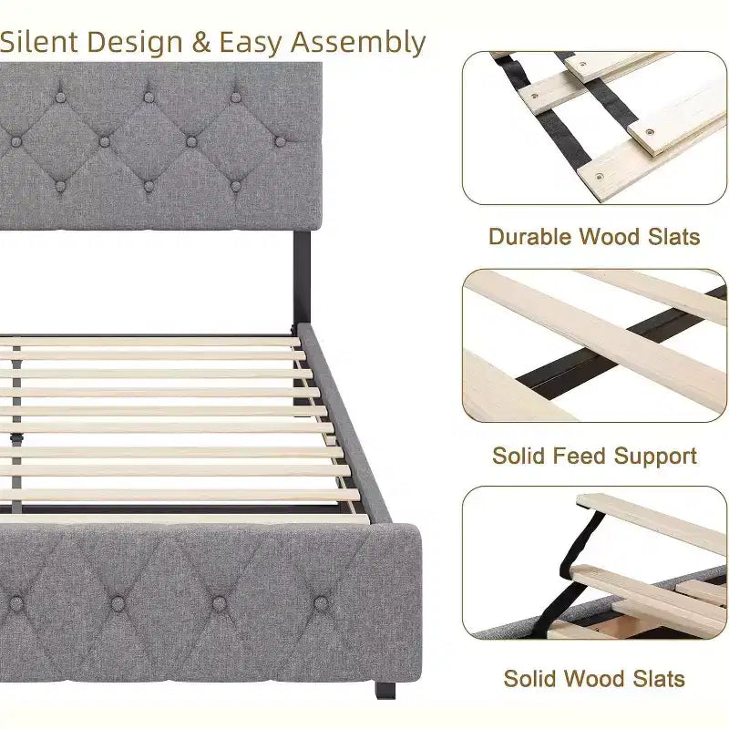 Lit plateforme rembourré en lin avec tête de lit réglable et ports USB - Pas de sommier tapissier, lattes silencieuses, assemblage facile (gris)