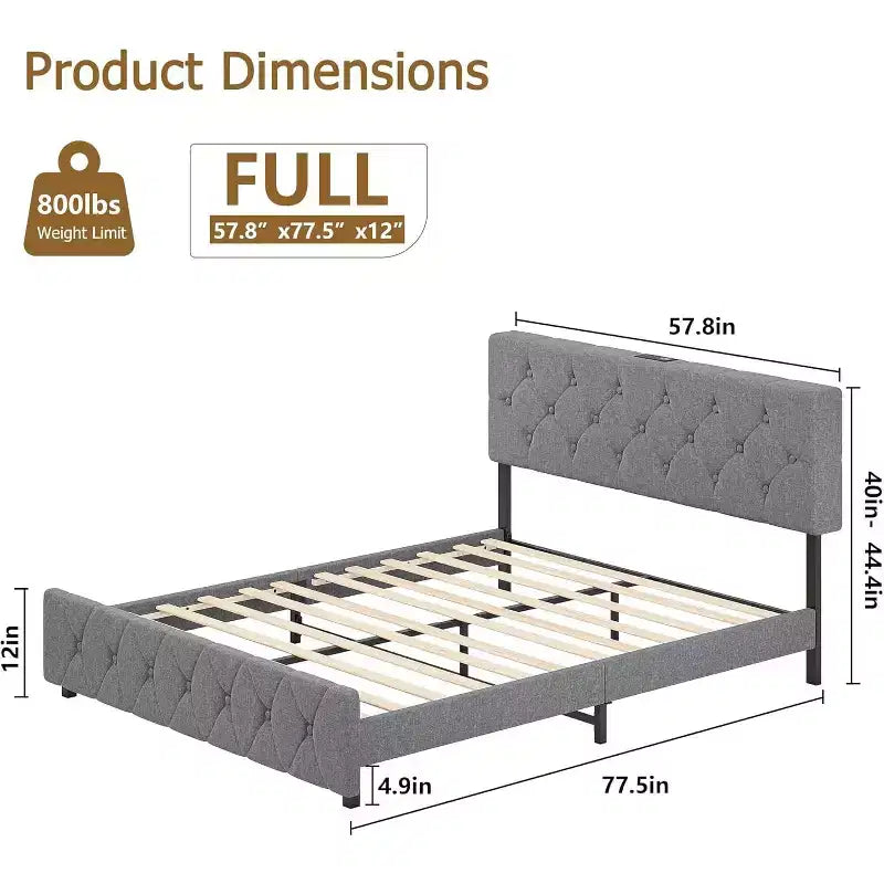 Lit plateforme rembourré en lin avec tête de lit réglable et ports USB - Pas de sommier tapissier, lattes silencieuses, assemblage facile (gris)