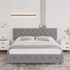 Lit plateforme rembourré en lin avec tête de lit réglable et ports USB - Pas de sommier tapissier, lattes silencieuses, assemblage facile (gris)