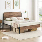 Queen Bed Frame w/Walnut Headboard & Footboard - Heavy Duty Metal Platform, 12.6 Storage, No Box Spring Needed, Easy Assembly