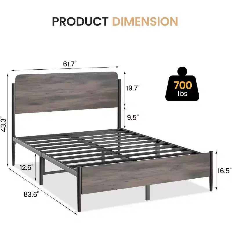 Cadre de lit Queen Size avec tête et pied de lit en Noyer - Plateforme en métal robuste, rangement de 32 cm, pas besoin de sommier tapissier, montage facile