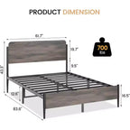 Cadre de lit Queen Size avec tête et pied de lit en Noyer - Plateforme en métal robuste, rangement de 32 cm, pas besoin de sommier tapissier, montage facile