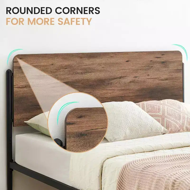 Cadre de lit Queen Size avec tête et pied de lit en Noyer - Plateforme en métal robuste, rangement de 32 cm, pas besoin de sommier tapissier, montage facile