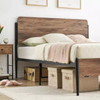 Cadre de lit Queen Size avec tête et pied de lit en Noyer - Plateforme en métal robuste, rangement de 32 cm, pas besoin de sommier tapissier, montage facile