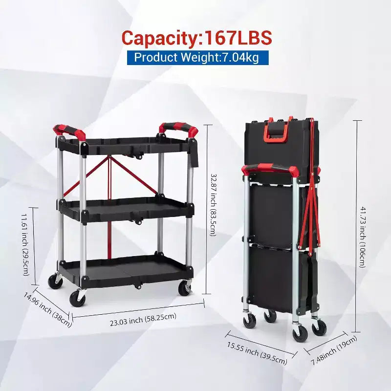 Chariot de service pliable 2025, chariot roulant utilitaire portable à 3 niveaux, capacité de charge de 25,4 kg par étagère, avec roues et poignée ergonomique